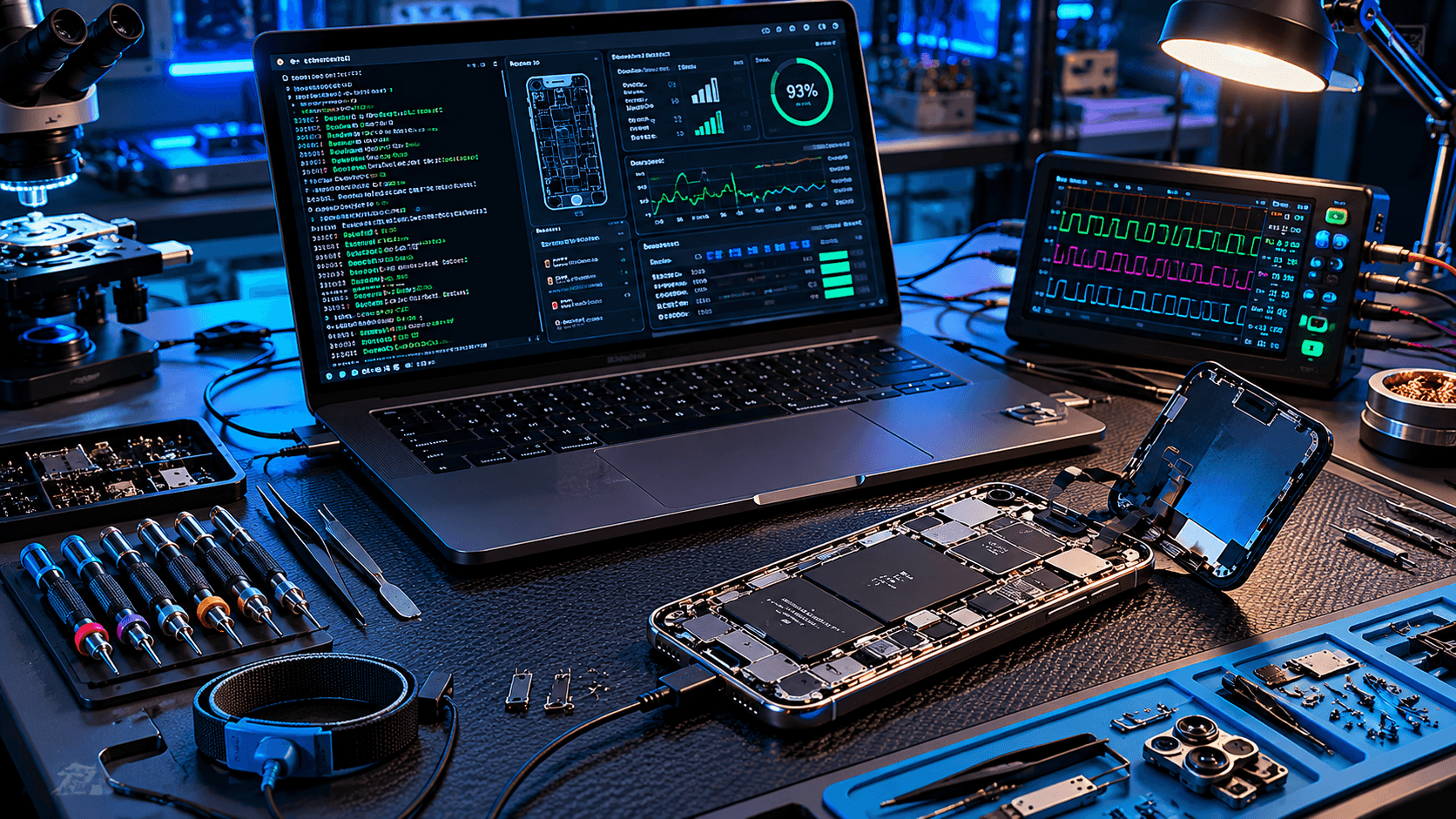 Diagnose-Arbeitsplatz mit MacBook, Oszilloskop und geöffnetem iPhone in der gsmfactory Werkstatt Erfurt